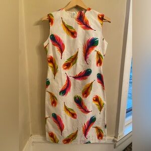 Vintage John Abbott Sleeveless Tactile Jacquard Dress Multicolor Feather Print